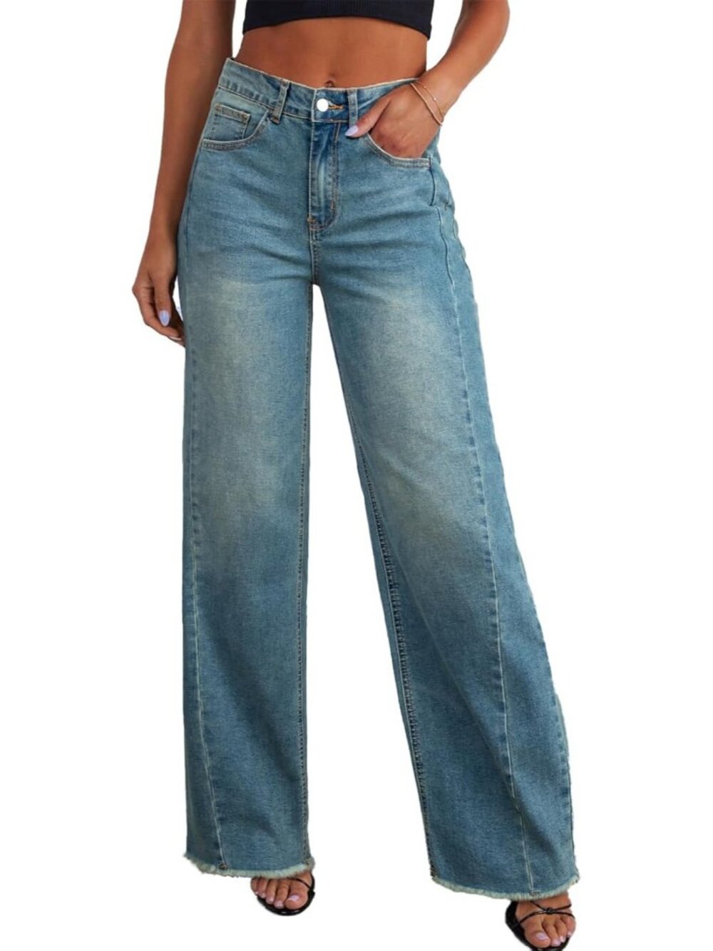 Women's Light Blue Cotton Blend High Waisted Stretchy Trendy Denim Wide Leg Pant